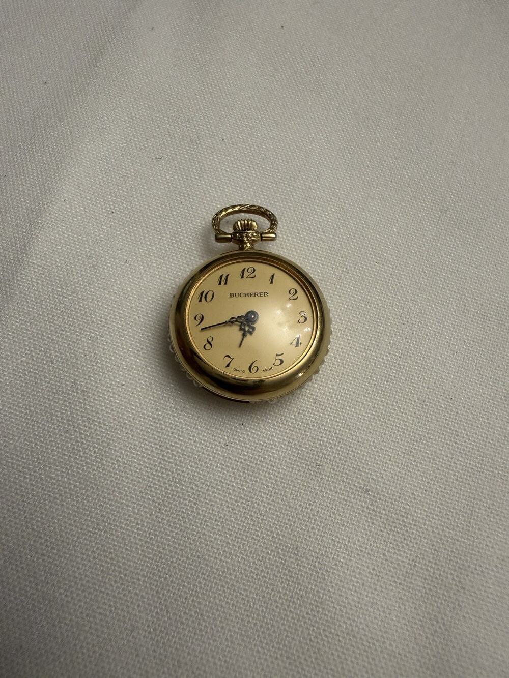 Vintage Bucherer Swiss 17 Jewel Pendant Watch Floral Enamel Pearl Gold Tone